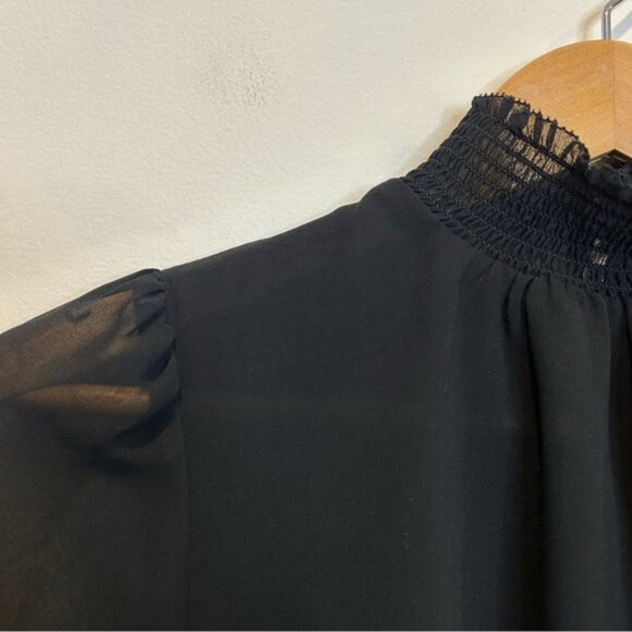 Aritzia Wilfred Valencia Blouse Mock Neck Puff Sleeves Smocking Semi-Sheer Black - Picture 6 of 10